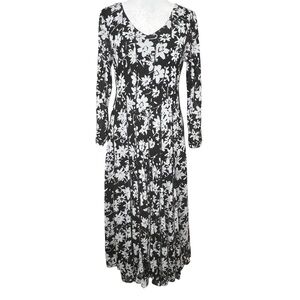 Coldwater Creek Floral Mesh Midi Dress 8 Black White Stretchy Pleated Whimsy Y2K